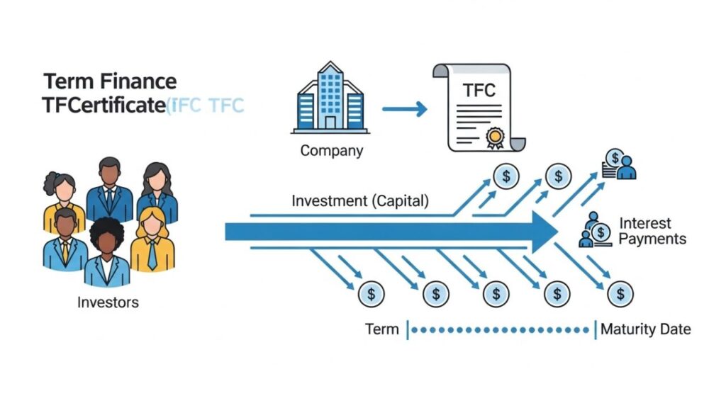 Diagram showing investors providing capital to a company via TFCs and receiving interest payments over time.