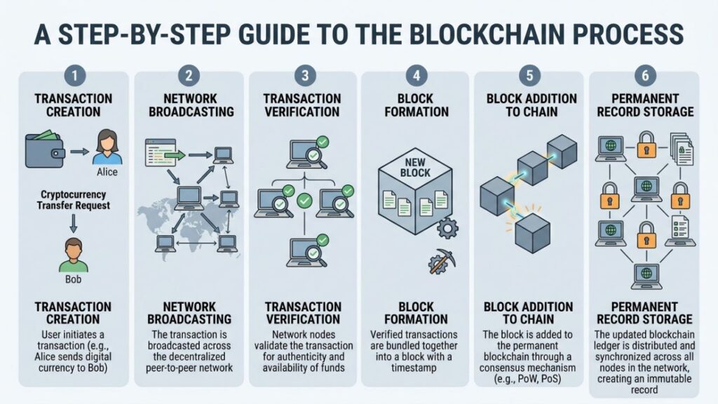 Steps showing blockchain transaction validation flow