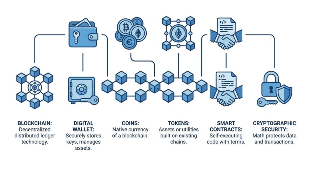 Cryptocurrency components including wallets and tokens