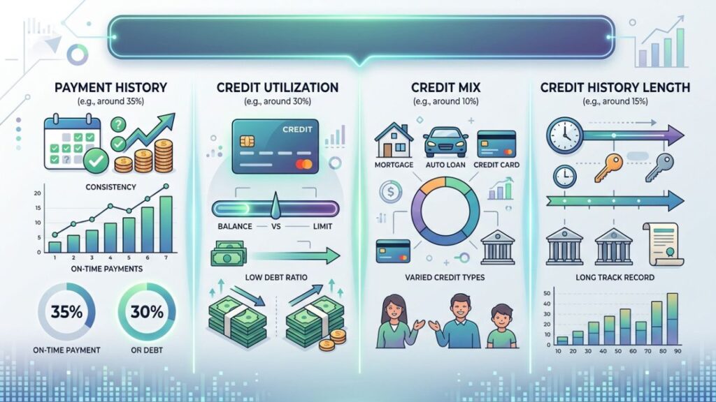 Credit score factors such as payment history and utilization