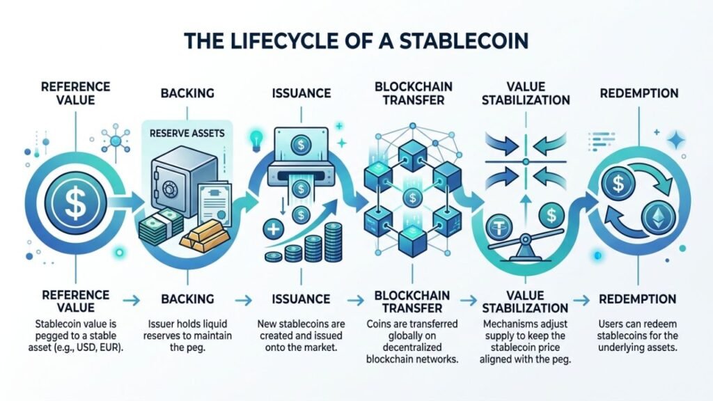 Stablecoin components showing reserves collateral blockchain networks and automated mechanisms working together