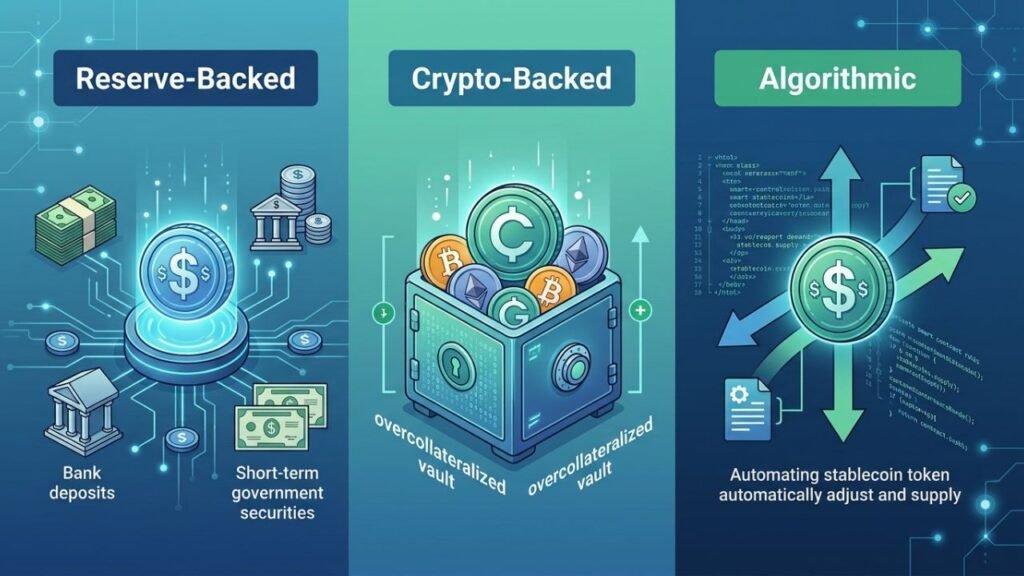 Warning symbols surrounding stablecoin representing market issuer regulatory custody and blockchain risks